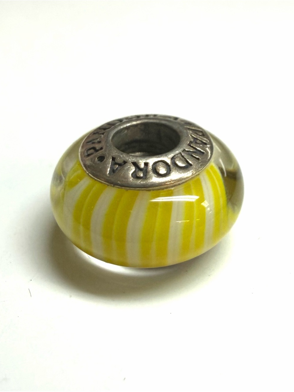 Pandora Sterling Silver Yellow Candy Stripes Glass Charm Bead ALE 790678